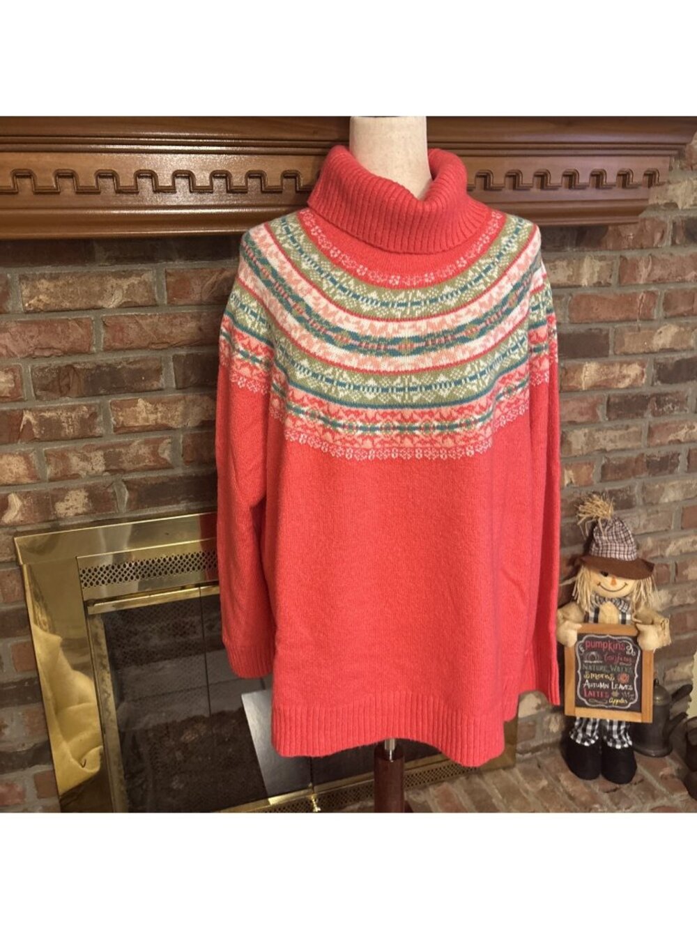 Cj Banks Coral Fair Isle Cowl Neck Sweater Size 3X